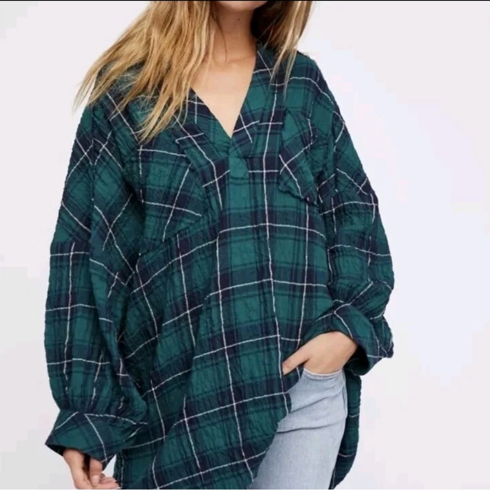 Free People Intimately Not Your Boyfriend’s Plaid Oversized Top~Green/Blue ~ XS - Picture 3 of 16